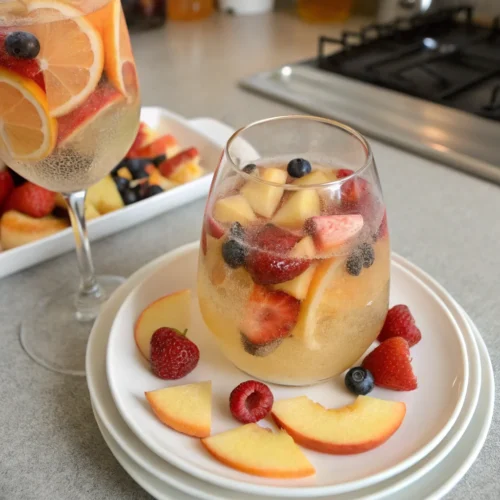 A delicious plate of White Peach Sangria | A Gorgeous, Light, & Refreshing Summer Cocktail!