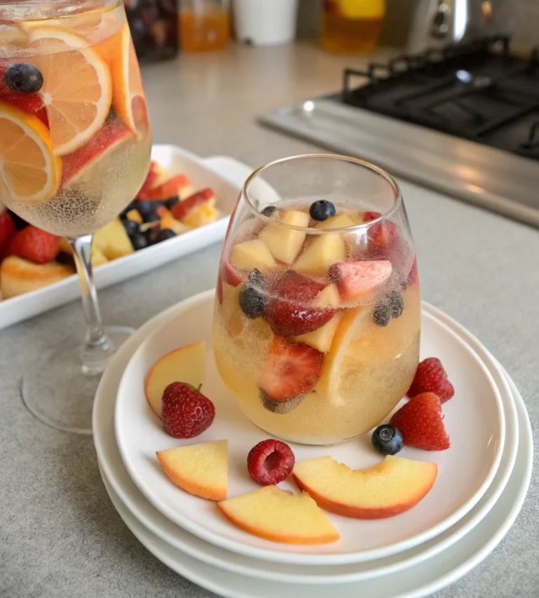 A delicious plate of White Peach Sangria | A Gorgeous, Light, & Refreshing Summer Cocktail!