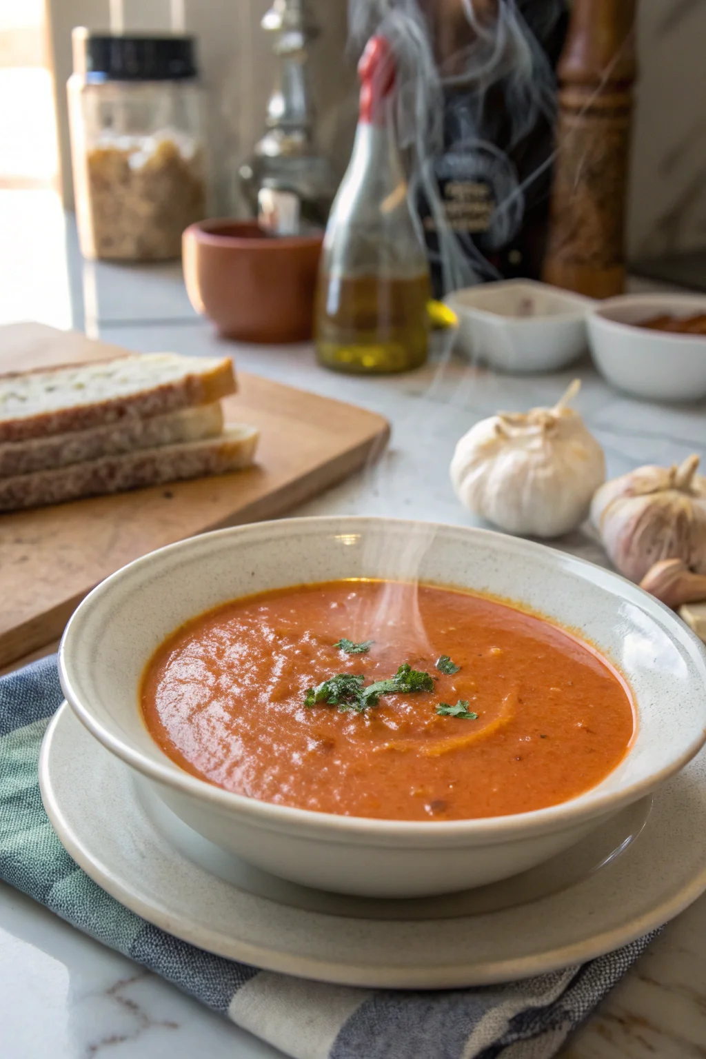 A delicious plate of Creamy Roasted Garlic Tomato Soup