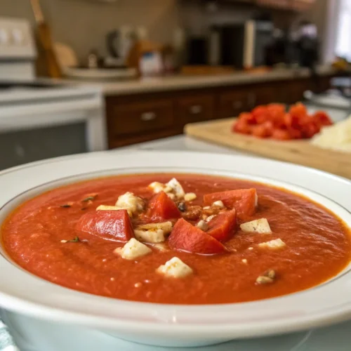 A delicious plate of Creamy Roasted Garlic Tomato Soup