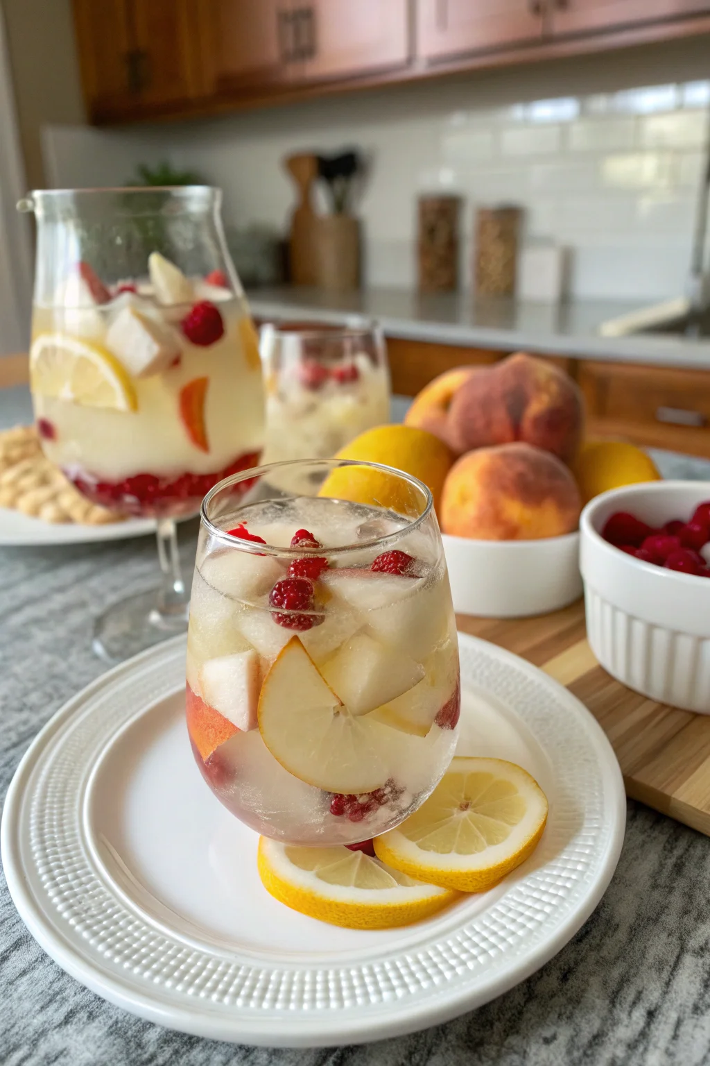 A delicious plate of White Peach Sangria | A Gorgeous, Light, & Refreshing Summer Cocktail!