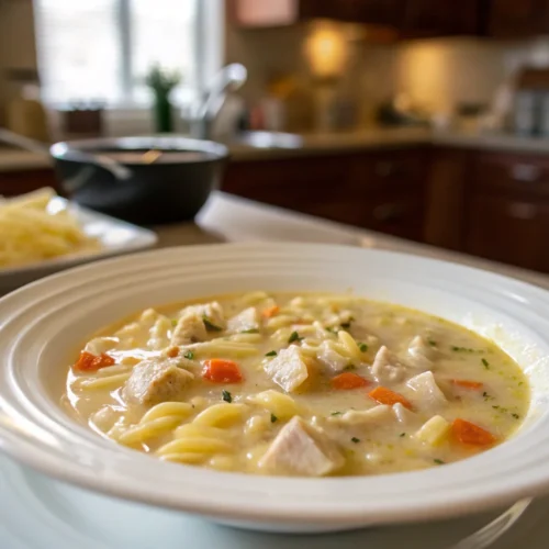 A delicious plate of Creamy Chicken Pasta Soup
