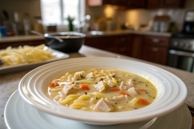 A delicious plate of Creamy Chicken Pasta Soup