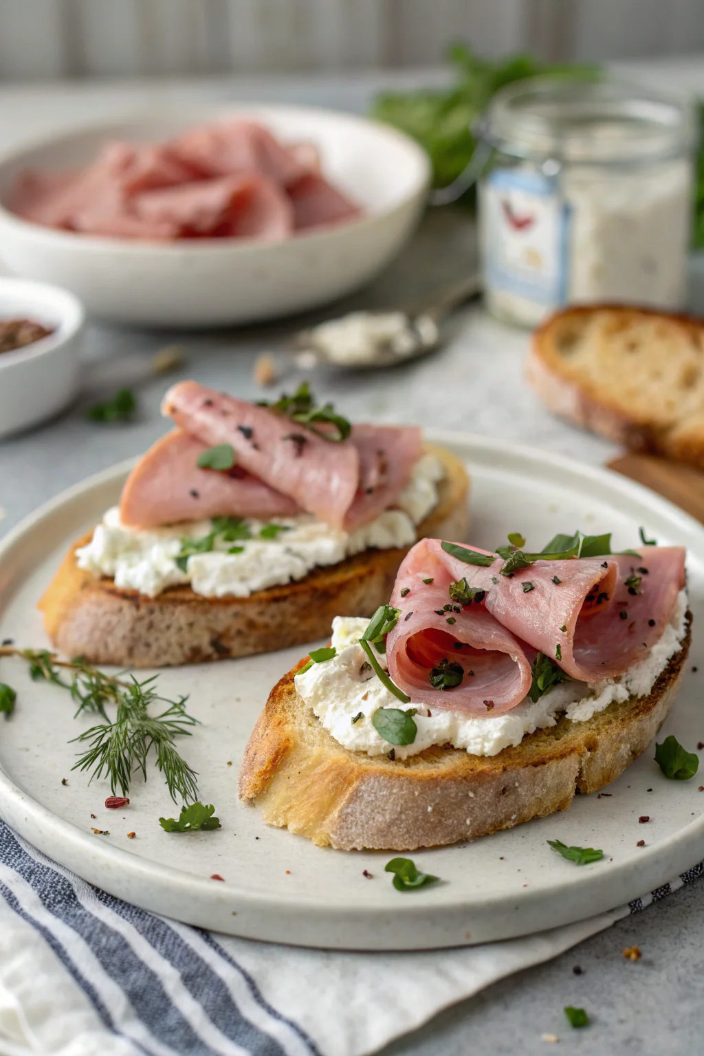 A delicious plate of Whipped Ricotta Crostini with Mortadella