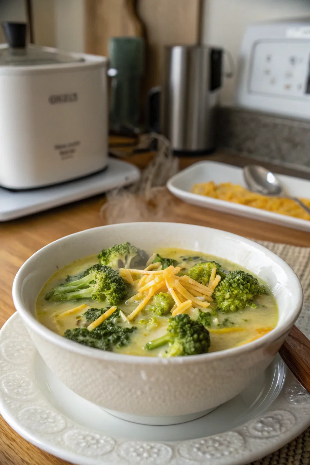 A delicious plate of Healthy Broccoli Cheddar Soup