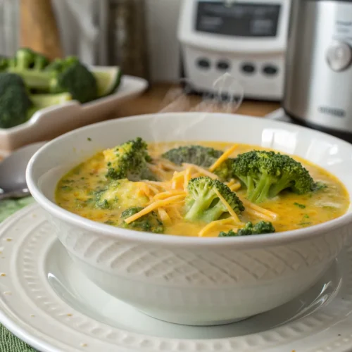 A delicious plate of Healthy Broccoli Cheddar Soup