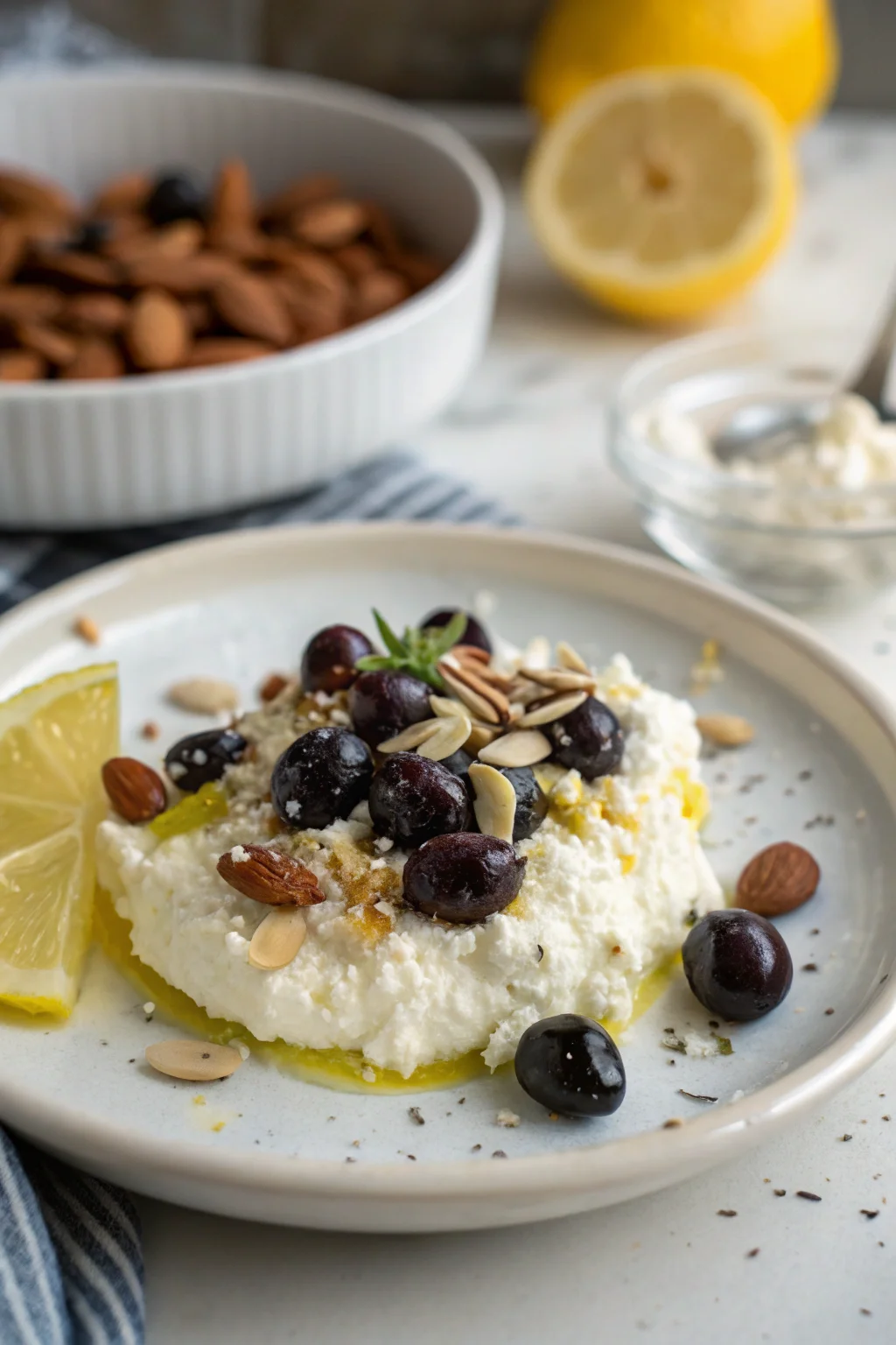 A delicious plate of Ricotta With Crushed Olives, Almonds & Lemon - Women of Today
