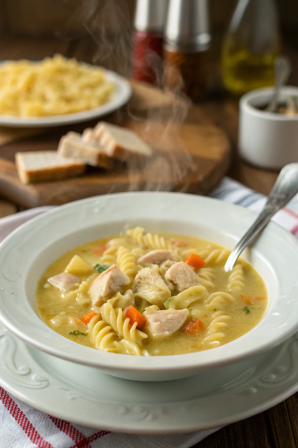 A delicious plate of Creamy Chicken Pasta Soup