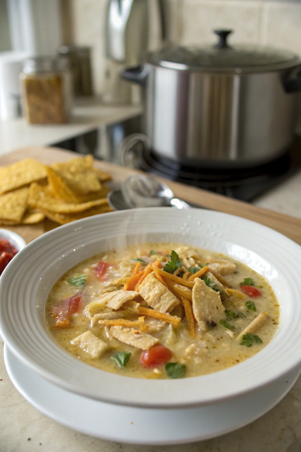 A delicious plate of Creamy Chicken Tortilla Soup
