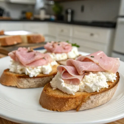 A delicious plate of Whipped Ricotta Crostini with Mortadella