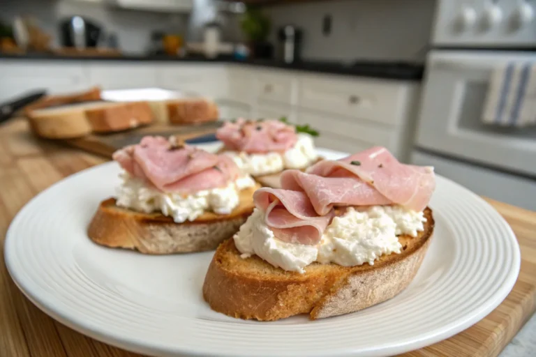 A delicious plate of Whipped Ricotta Crostini with Mortadella