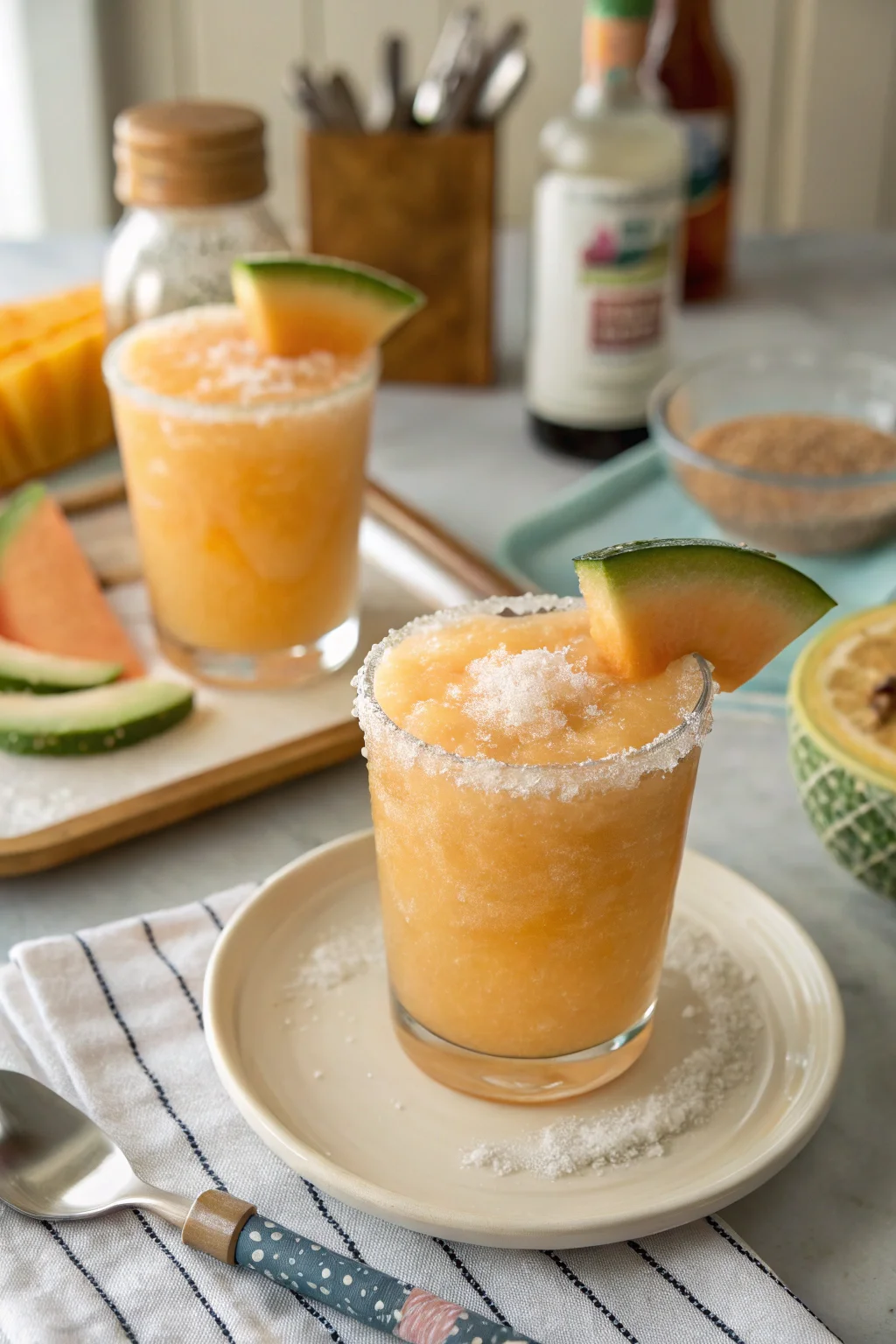 A delicious plate of Salty Cantaloupe Slush Cocktail