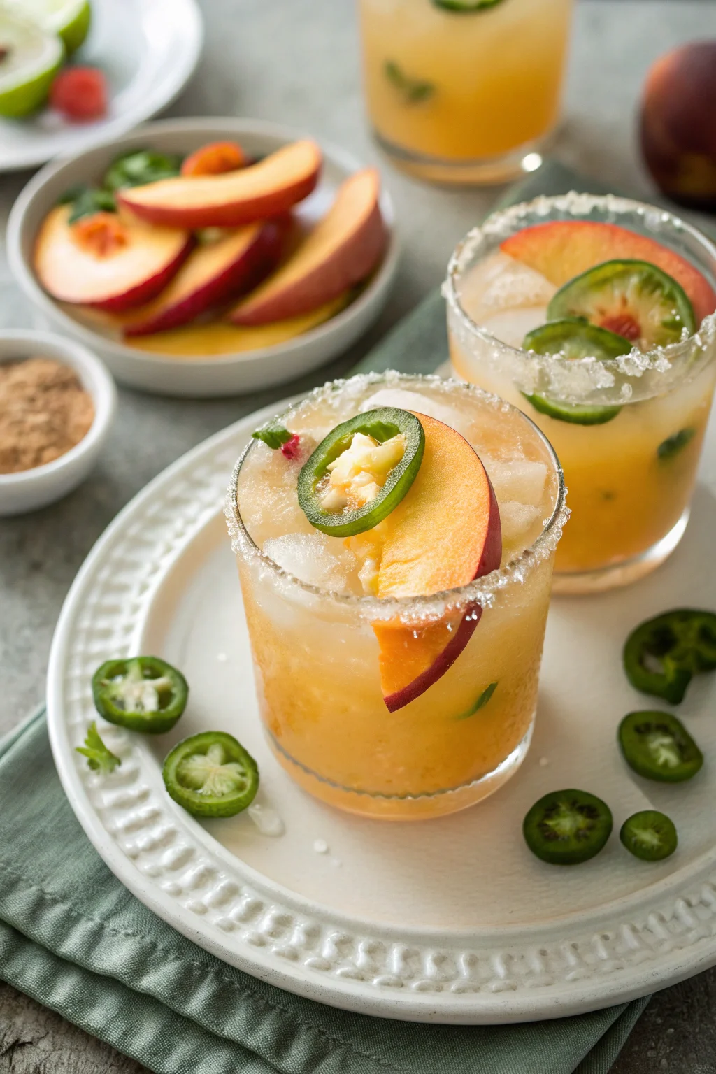 A delicious plate of Peach Jalapeño Margaritas