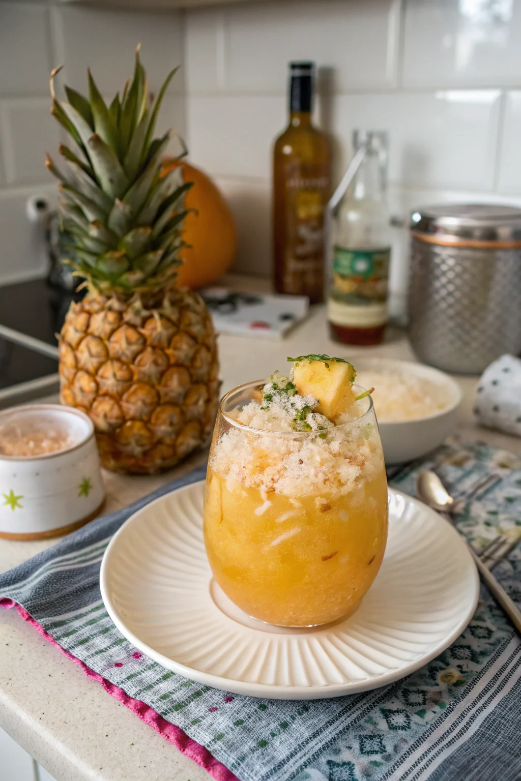 A delicious plate of Orange Pineapple & Coconut Mocktail