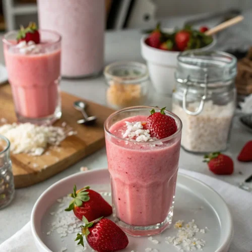 A delicious plate of Pink Strawberry Coconut Refresher