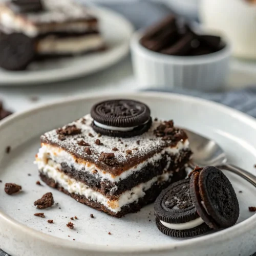 A delicious plate of Heavenly Oreo Dessert