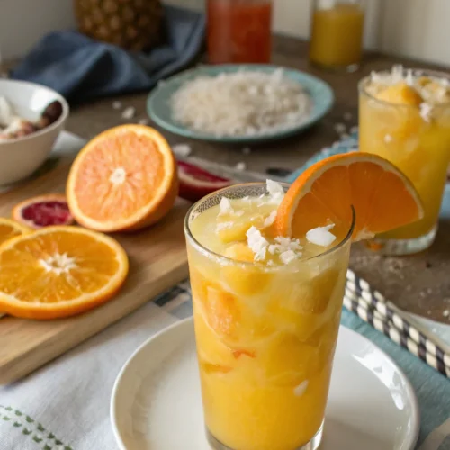 A delicious plate of Orange Pineapple & Coconut Mocktail