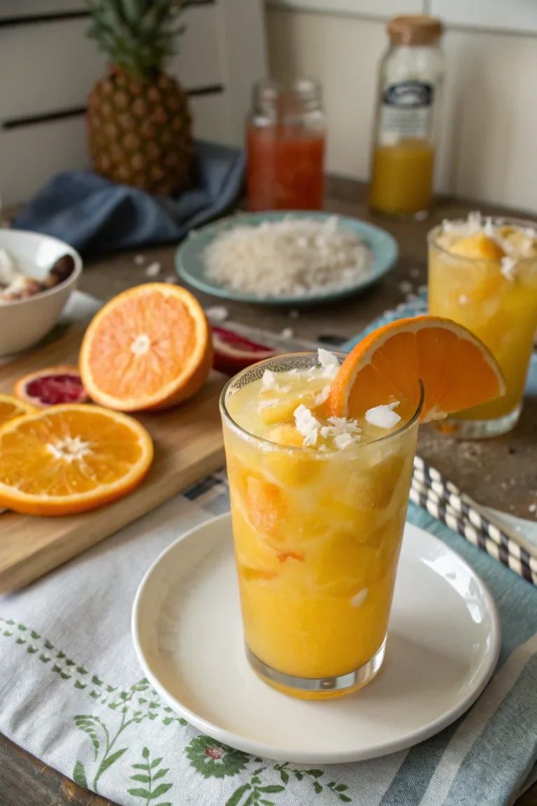 A delicious plate of Orange Pineapple & Coconut Mocktail