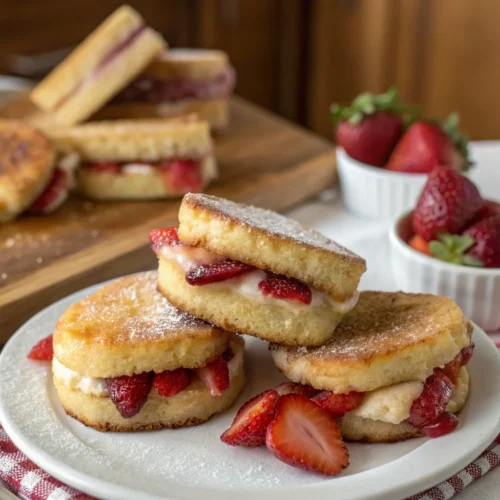 A delicious plate of Fried Strawberry Cheesecake Sandwiches