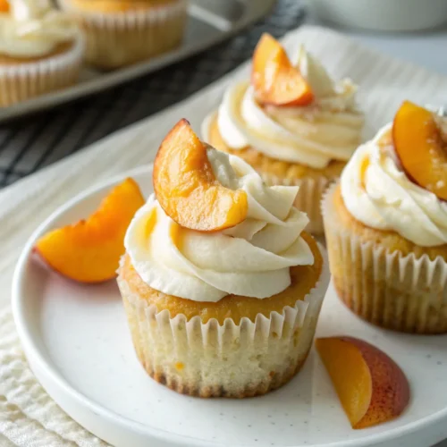 A delicious plate of Honey Peach Cream Cheese Cupcakes